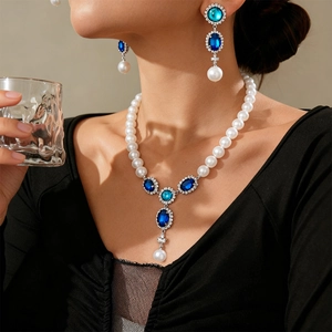 Vintage Court Style Jewelry Necklace And Earrings Blue Crystal Rhinestone Alloy Faux Artificial Pearl Silver Earring Post Women