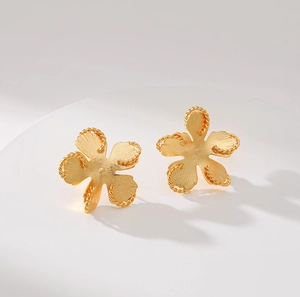 Vintage 18K gold plated brass floral stud earrings with matte brushed metal texture