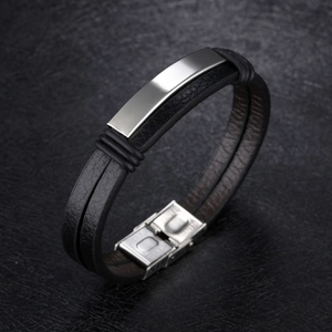Double-layer black leather men's bracelet with silver stainless steel rectangle plates