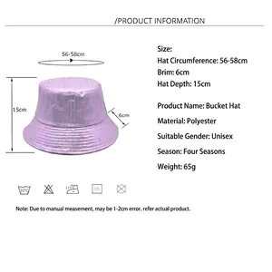 Purple polyester bucket hat with size guide showing dimensions and reflective texture