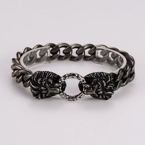Bracelet gourmette à double tête de lion pour homme en argent antique style punk hip hop