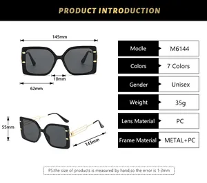 Size guide for oversized square sunglasses featuring dimensions for bridge and temples