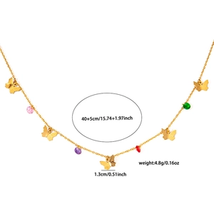 Golden stainless steel necklace featuring butterfly charms and colorful zircon stones