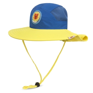 Kids wide brim sun hat with neck flap and lion patch in blue and yellow colors