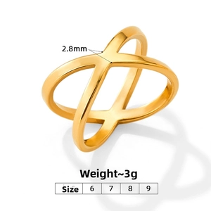 Detail shot of golden crisscross ring showing 2.8mm width and polished finish details