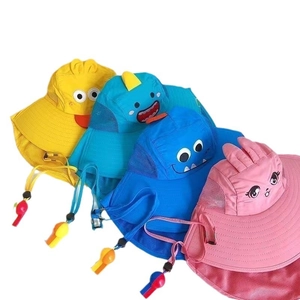 Kids wide brim sun hats with cartoon animal designs and neck protection flap for summer