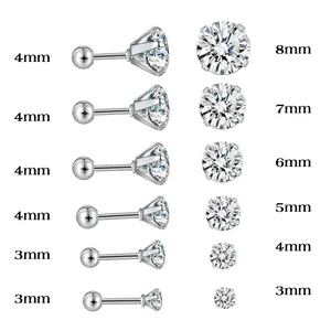 Size chart showing 3mm to 8mm zircon stud earrings with screw back dimensions