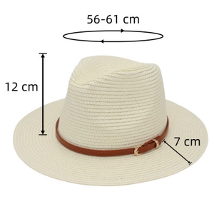 Detail of Panama hat with brown leather belt buckle and 7cm brim size specifications