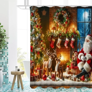 Christmas shower curtain featuring Santa Claus and reindeer by a warm fireplace