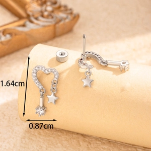 Hollow heart stud earrings with cubic zirconia star pendants and screw backs in silver