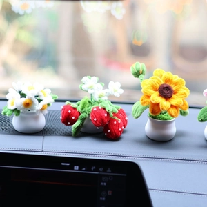 Handmade crochet sunflower and strawberry car dashboard ornaments in small pots