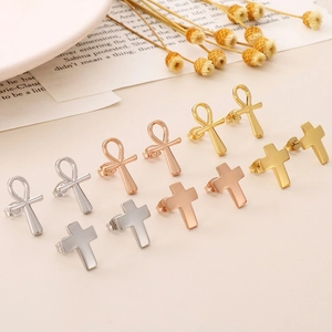 Cross Ankh Stud Earrings Stainless Steel Polished Simple Retro Cultural Symbol Jewelry For Women