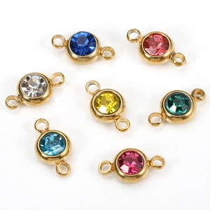 Golden stainless steel round crystal charm pendants with double loops for DIY jewelry