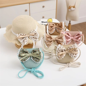 Kids straw sun hat and crossbody bag set with floral lace bow in multiple colors