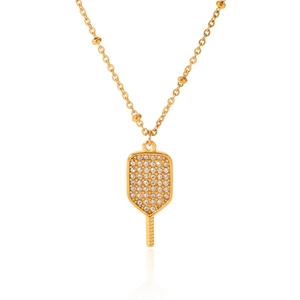 Detailed view of 18K gold plated pickleball paddle pendant with sparkling rhinestones