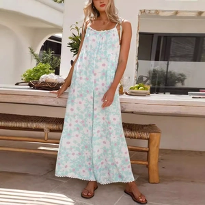 Floral print wide-leg jumpsuit with spaghetti straps and lace trim details for women