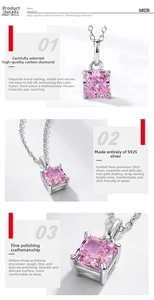 Macro detail of S925 sterling silver necklace with pink square-cut high carbon diamond