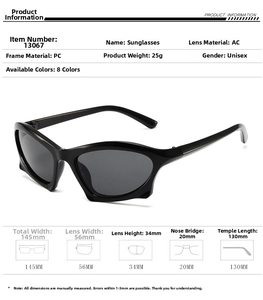 Detailed size chart for Y2K steampunk sunglasses with frame and lens measurements