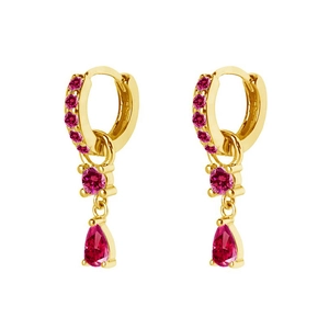 Detail view of S925 silver hoop earrings with pink round and pear-shaped zircon stones