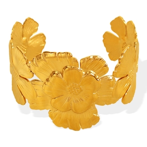 Elegant gold camellia titanium steel open cuff bracelet with brushed petal texture