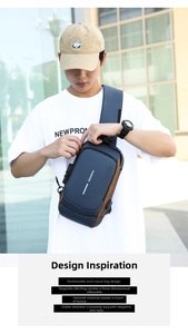 Close-up of the anti-theft combination lock and USB charging port on the men's chest bag