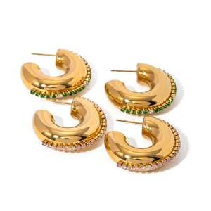 18k gold stainless steel C-shaped hoop earrings with green and pink crystals