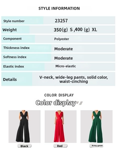 Detailed size chart for the V-neck high-waist wide-leg jumpsuit with fabric specifications