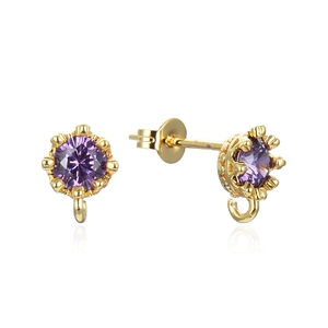 Golden crown stud earrings with purple zircon and hanging loop for DIY jewelry making