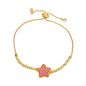 Adjustable gold beaded bracelet featuring pink star pendant with elegant gold marbling