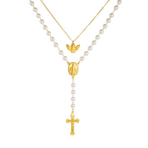 Double-layered gold necklace with pearls, angel wing pendant and INRI crucifix