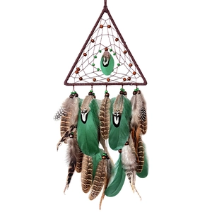 Handmade triangle dream catcher with brown weave and vibrant green decorative feathers