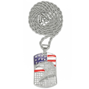 Iced out hip hop silver chain with eagle dog tag pendant and American flag design