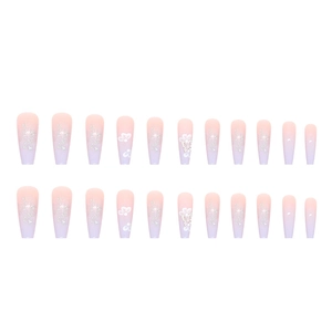 Blue and pink gradient coffin press-on nails with silver glitter and butterfly art
