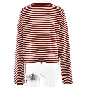 Rear view of a slim fit red and white striped long sleeve top on a clear mannequin