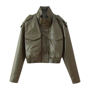 Women street fashion olive faux leather jacket with utility pockets and high collar