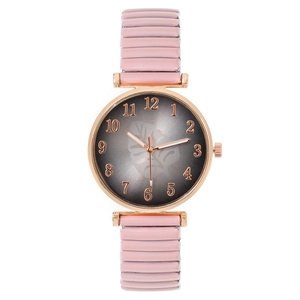 Fashion rose gold watch with pink elastic band and leaf pattern dial for women