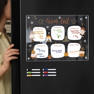 Magnetic acrylic wish list board on black fridge with six colorful markers and gnome decor