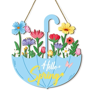 Wooden umbrella door sign with colorful spring flowers and Hello Spring text