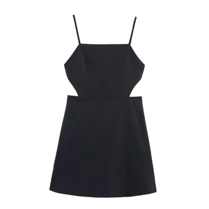 Robe Courte Sexy Polyester Dos Nu Découpe Latérale Fines Bretelles Boîte De Nuit Soirée Élégante Noir Femmes