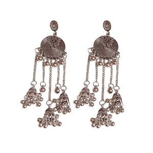 Elegant vintage silver tassel jhumka earrings with intricate engraved round metal studs