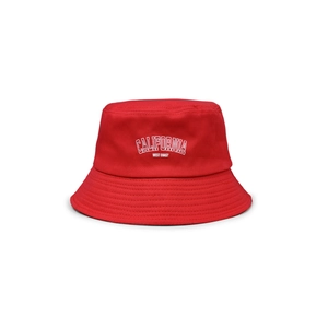 Close-up of a red cotton bucket hat featuring white California West Coast embroidery