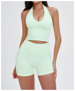 Vorderansicht des minzgrünen Neckholder-Sport-BHs und der High-Waist-Yoga-Shorts