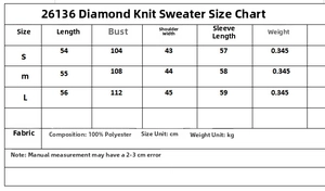 Size chart for diamond pattern knit sweater with dimensions for S, M, and L sizes
