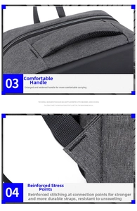 Detail of reinforced stitching and wide comfort handle on grey business backpack