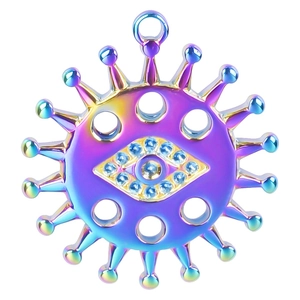 Rainbow plated stainless steel evil eye sun pendant with blue crystal rhinestones