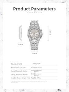 Detailed view of silver iced-out quartz watch showing case dimensions and dimensions chart