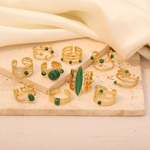 Vintage Malachite Open Ring Stainless Steel Multi Layer Hollow Out Sun Moon Star Jewelry For Women