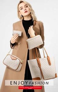 Detail showing 4-piece tote bag set with embossed texture and gold hardware accents