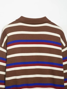 Close-up of multicolored striped knitted polo shirt with soft fine texture and rib collar