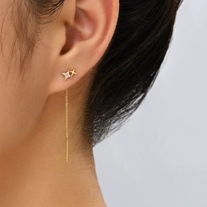 Star Ear Threader Earrings Copper Cubic Zirconia With 925 Sterling Silver Earring Post Long Chain Dangle Elegance